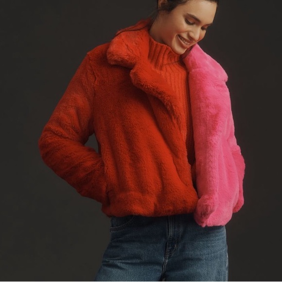 Anthropologie Jackets & Blazers - Red Pink Colorblock faux fur coat
